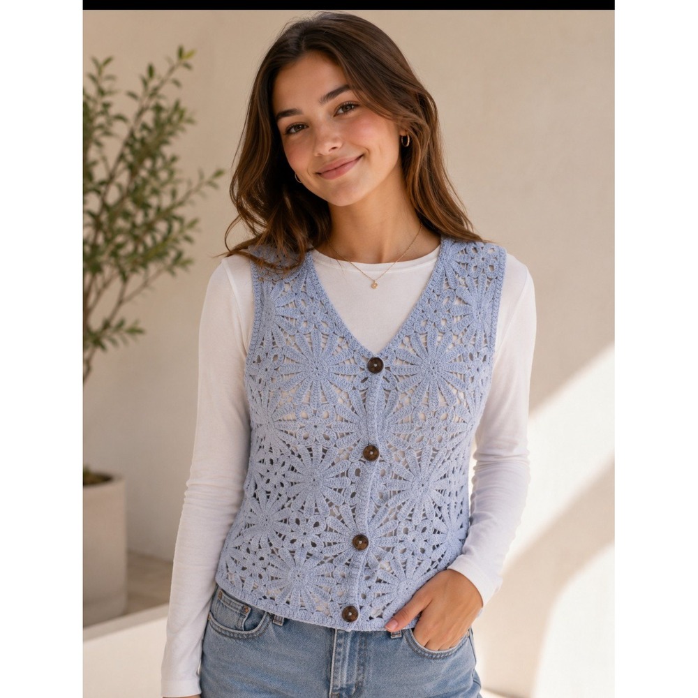 3/$25 Light Blue Crochet Knit Vest Girls XL Fits Women's Medium Cottagecore